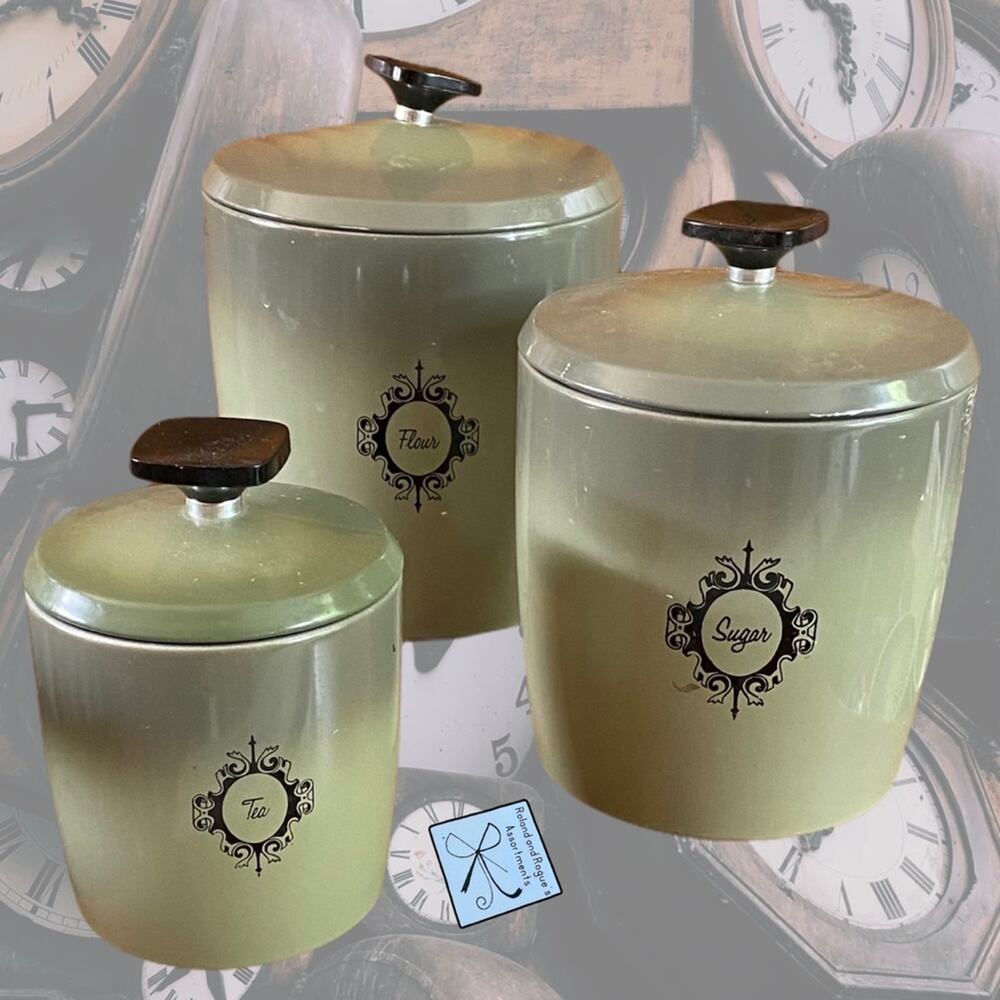 Vintage West Bend 3-pc Ombre Metal Kitchen Canister Set: Flour, Sugar, Tea